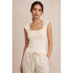 Maeve Anthropologie Ribbed Knit Ivory Top Cap Sleeve Quiet Luxury XS Chic